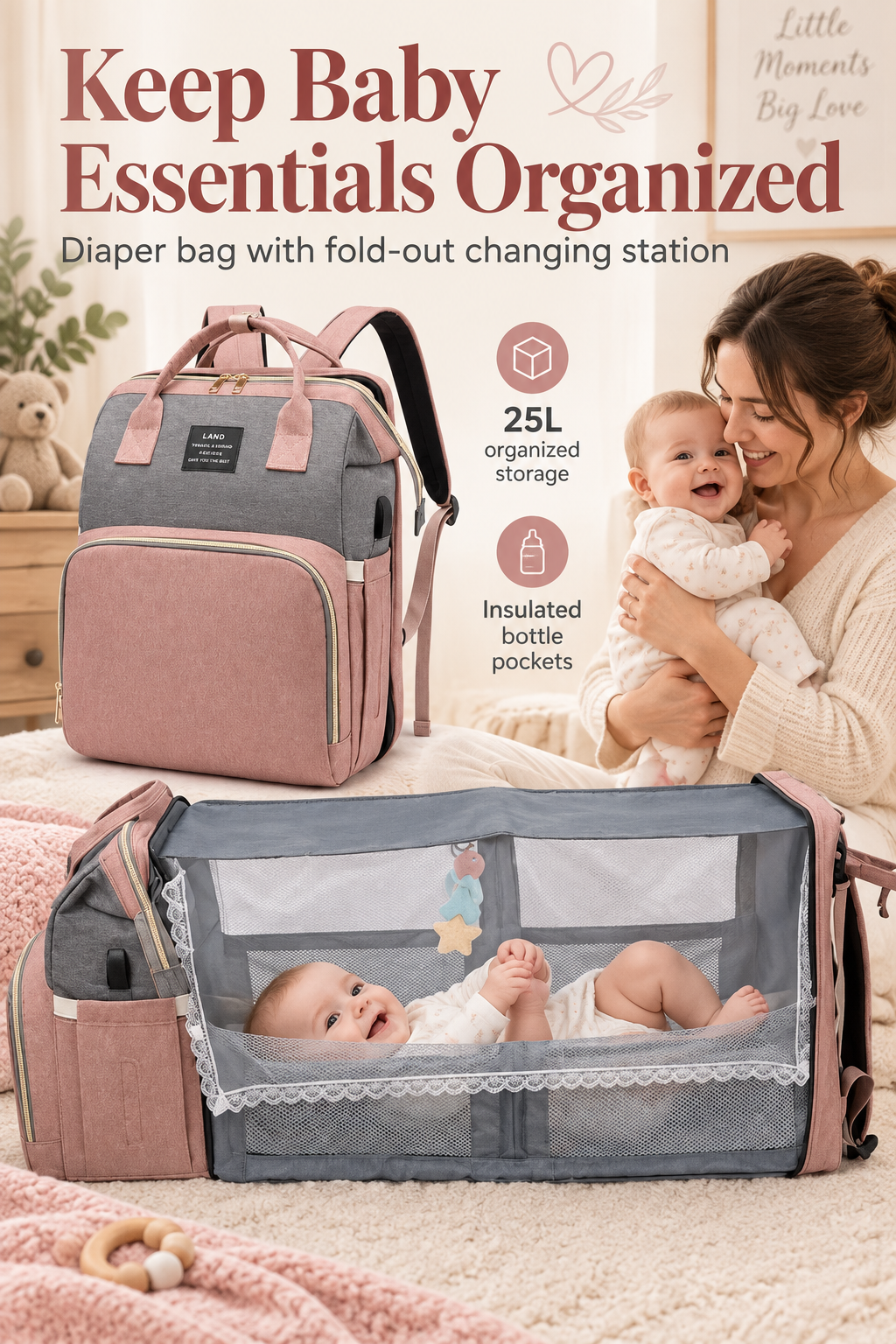 Pink and gray diaper bag backpack shown in a nursery with fold-out changing station and headline Keep Baby Essentials Organized.