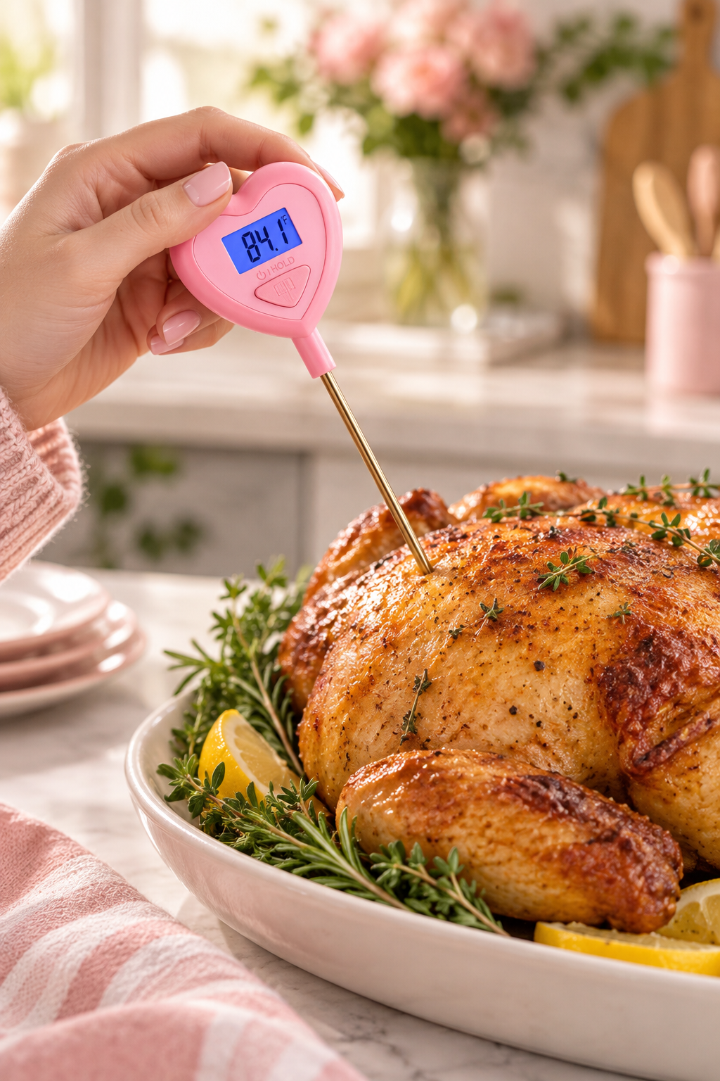 A hand with pale pink nails holds a pink, heart-shaped digital cooking thermometer in a bright kitchen while its metal probe is inserted into a golden roasted chicken on a white platter. The thermometer has a blue backlit screen showing 84.1°F and a small hold button below the display. Fresh herbs and lemon wedges surround the chicken, with blush flowers, pink utensils, stacked plates, and soft daylight blurred in the background. A pink towel sits nearby.