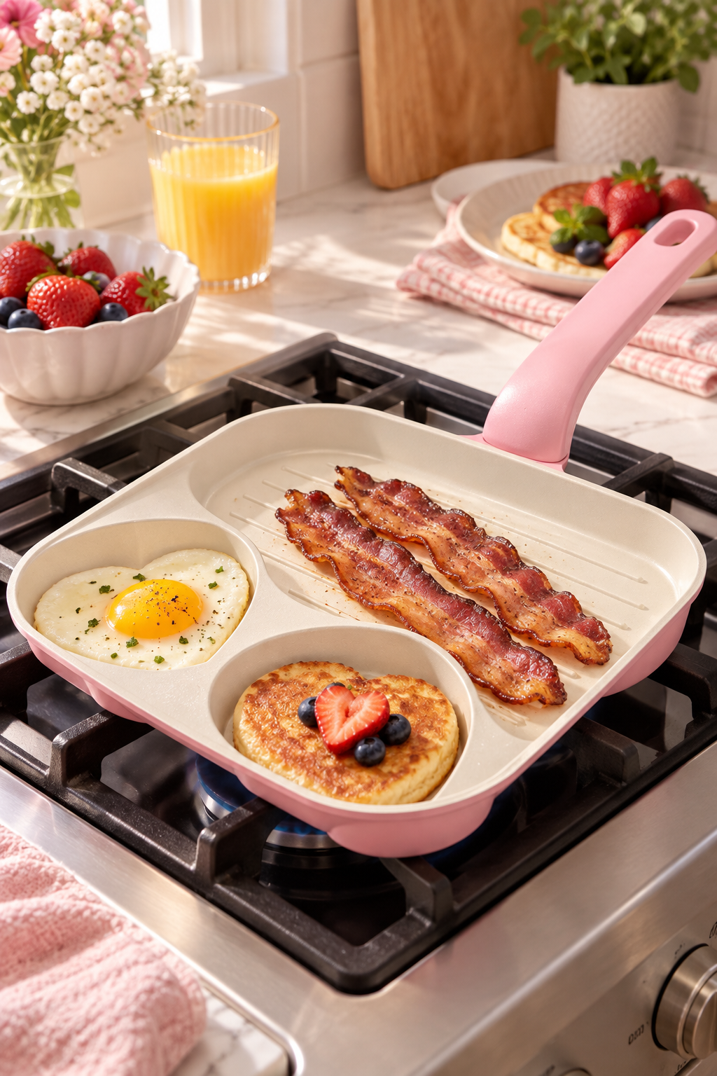 Vertical lifestyle photo of a pink divided skillet on a black gas stovetop in a bright kitchen. The cream cooking surface has two heart-shaped wells and a larger ridged grill section. One heart holds a fried egg, the other a small pancake topped with berries, while bacon cooks across the grill area. Warm sunlight falls over the pan, with a bowl of strawberries and blueberries, orange juice, flowers, toast, pink gingham cloths, and greenery softly arranged in the background.