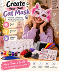 Vertical promotional craft image showing a smiling person wearing a decorated cat mask with pink faux-fur accents beside a table filled with blank white cat masks, paint pots, brushes, faux-fur pieces, black-and-white mesh, felt sheets, gem stickers and face stickers. Large text reads “Create Your Own Cat Mask” and “Unleash Creativity for Every Occasion,” with callouts “Paint It,” “Decorate It” and “Make It Yours,” plus craft, play, cosplay and celebration wording.