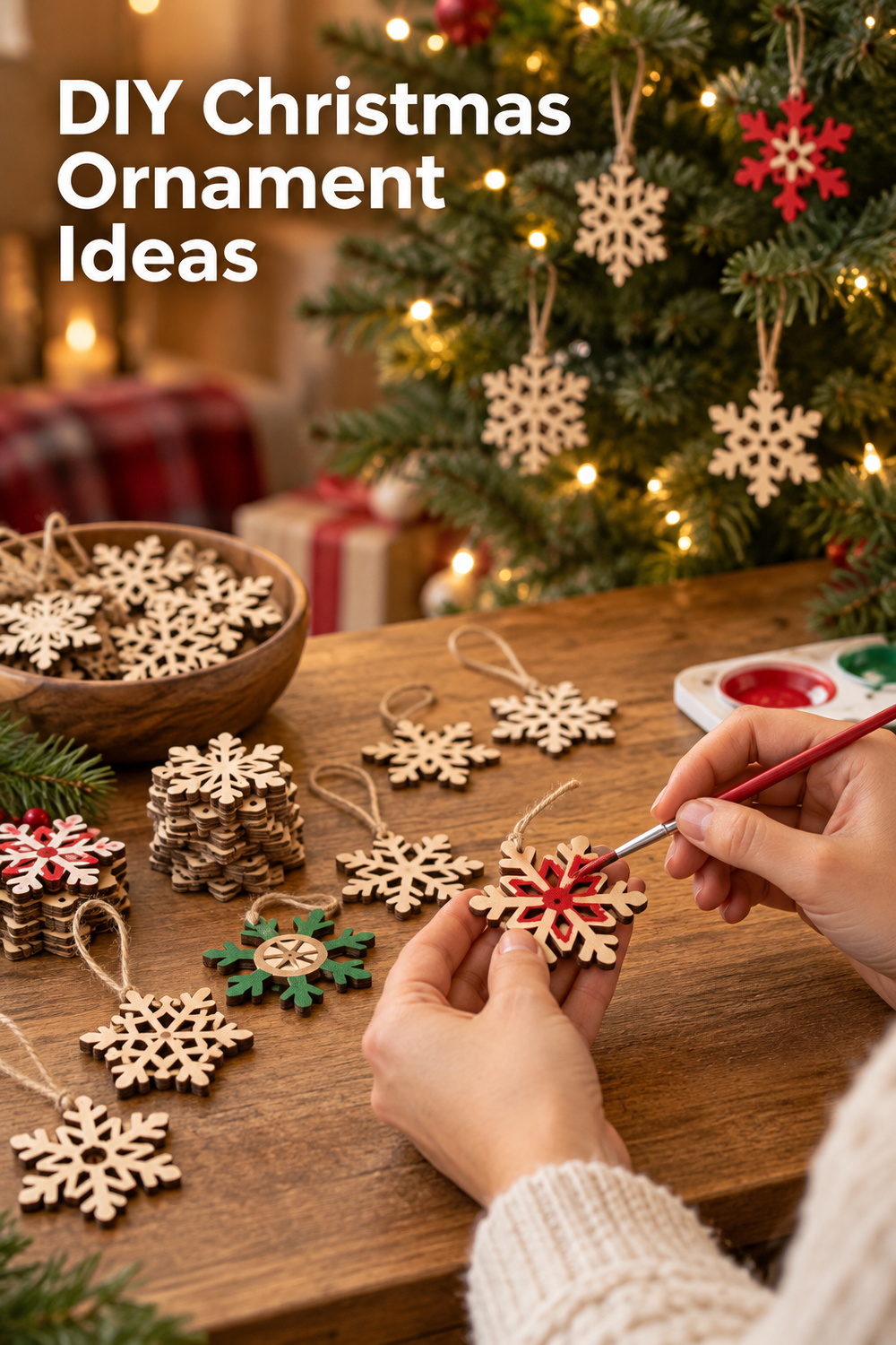 Vertical holiday craft scene with the headline “DIY Christmas Ornament Ideas” in large white text at the upper left. Hands in a cream knit sweater paint a small wooden snowflake red at a warm wooden table. Natural unfinished snowflake cutouts, twine loops, a paint palette, greenery, and a bowl of ornaments surround the workspace. In the background, several wooden snowflakes hang on a lit Christmas tree beside softly blurred wrapped gifts and warm golden lights.