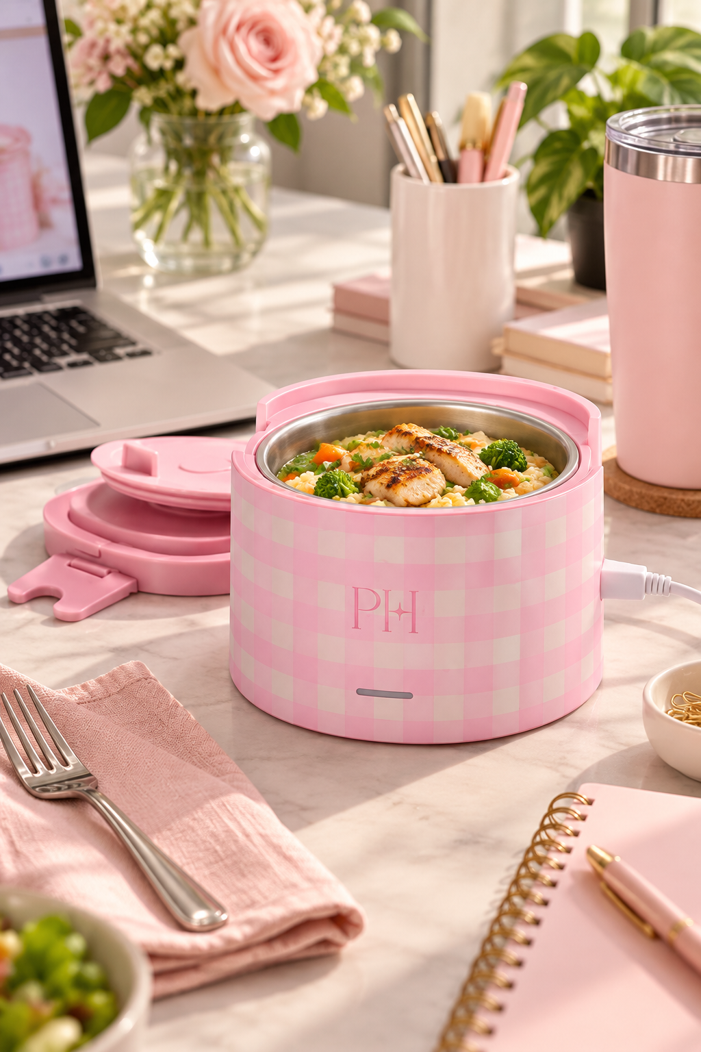 A pastel pink gingham electric lunch warmer sits open on a bright office desk with a stainless steel inner bowl filled with chicken, grains, broccoli and carrots. The matching pink lid rests beside it, while a laptop, notebooks, pens, flowers, fork and tumbler add realistic workday context. Soft natural sunlight and warm neutral styling keep the portable food warmer as the clear focal point, with its power cord visible at the side. No promotional text appears on the image.