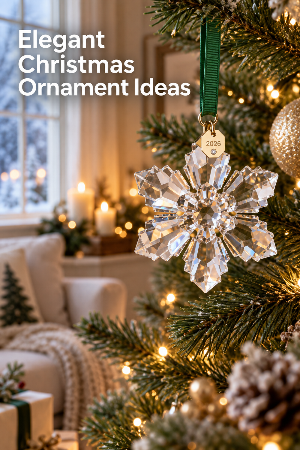 Vertical holiday lifestyle photo of a clear faceted snowflake ornament hanging from a Christmas tree by a deep green ribbon. A champagne-gold tag above the crystal is marked 2026 with a small clear stone. Warm white tree lights reflect through the snowflake, while a softly blurred room shows a snowy window, glowing candles, a cream chair, wrapped gifts, evergreen branches, and festive ornaments. White headline text at upper left reads “Elegant Christmas Ornament Ideas.”