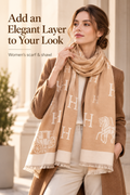 Woman wearing a beige patterned scarf in a warm neutral outfit with the headline Add an Elegant Layer to Your Look.