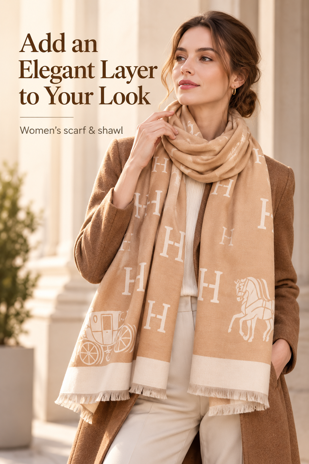 Woman wearing a beige patterned scarf in a warm neutral outfit with the headline Add an Elegant Layer to Your Look.