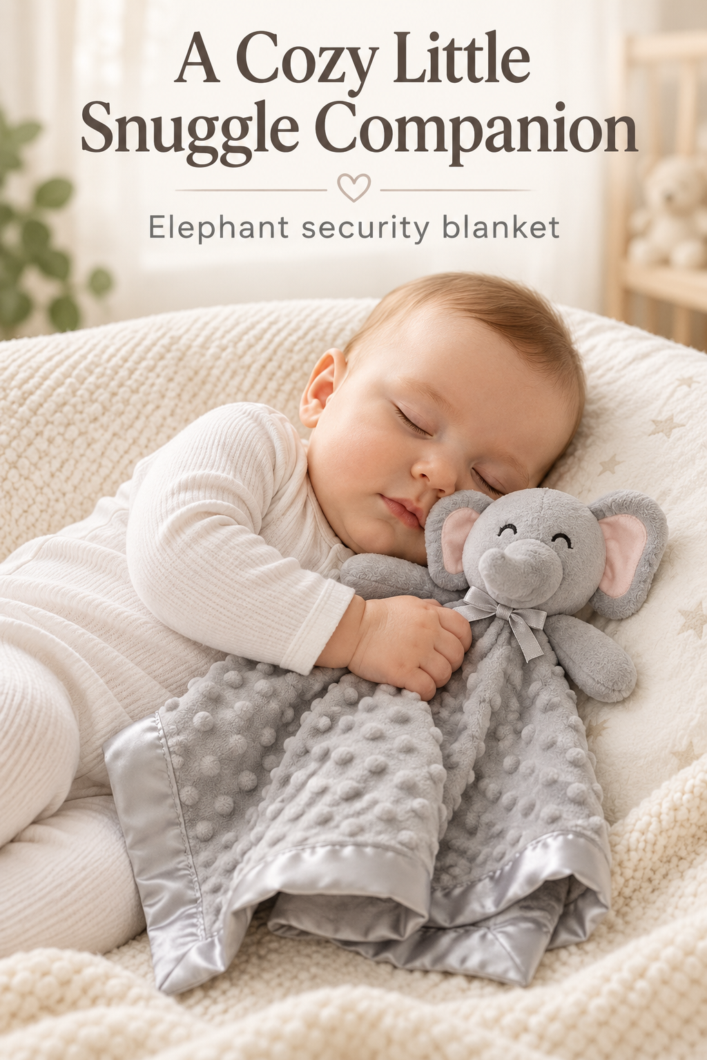 Sleeping baby cuddling a grey elephant security blanket beneath the headline A Cozy Little Snuggle Companion.