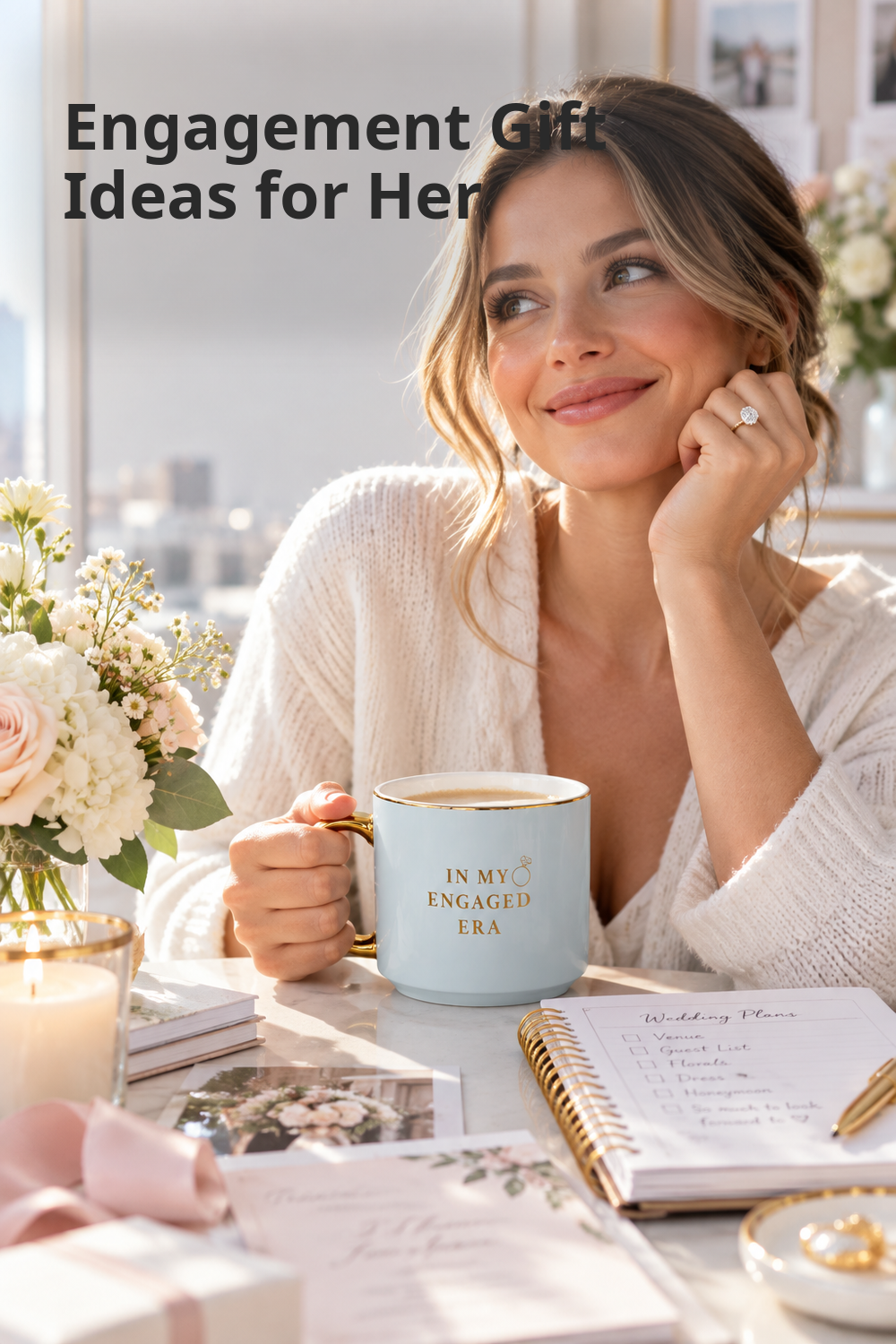 Vertical lifestyle photo with the headline “Engagement Gift Ideas for Her” at the upper left. A bride-to-be in a cream knit sweater smiles beside a bright window while showing an engagement ring and holding a pale blue mug with a gold rim and handle. The mug reads “IN MY ENGAGED ERA.” On the table are white and blush flowers, a lit candle, wedding-planning stationery, a spiral notebook labeled “Wedding Plans,” a gold pen, ribbon, a ring dish, and printed floral cards.