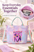 Pastel purple shoulder and crossbody bag in a bright desk setting with the headline Keep Everyday Essentials Together.