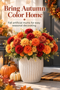Autumn porch with red, orange and yellow artificial mums in a planter and the headline Bring Autumn Color Home.