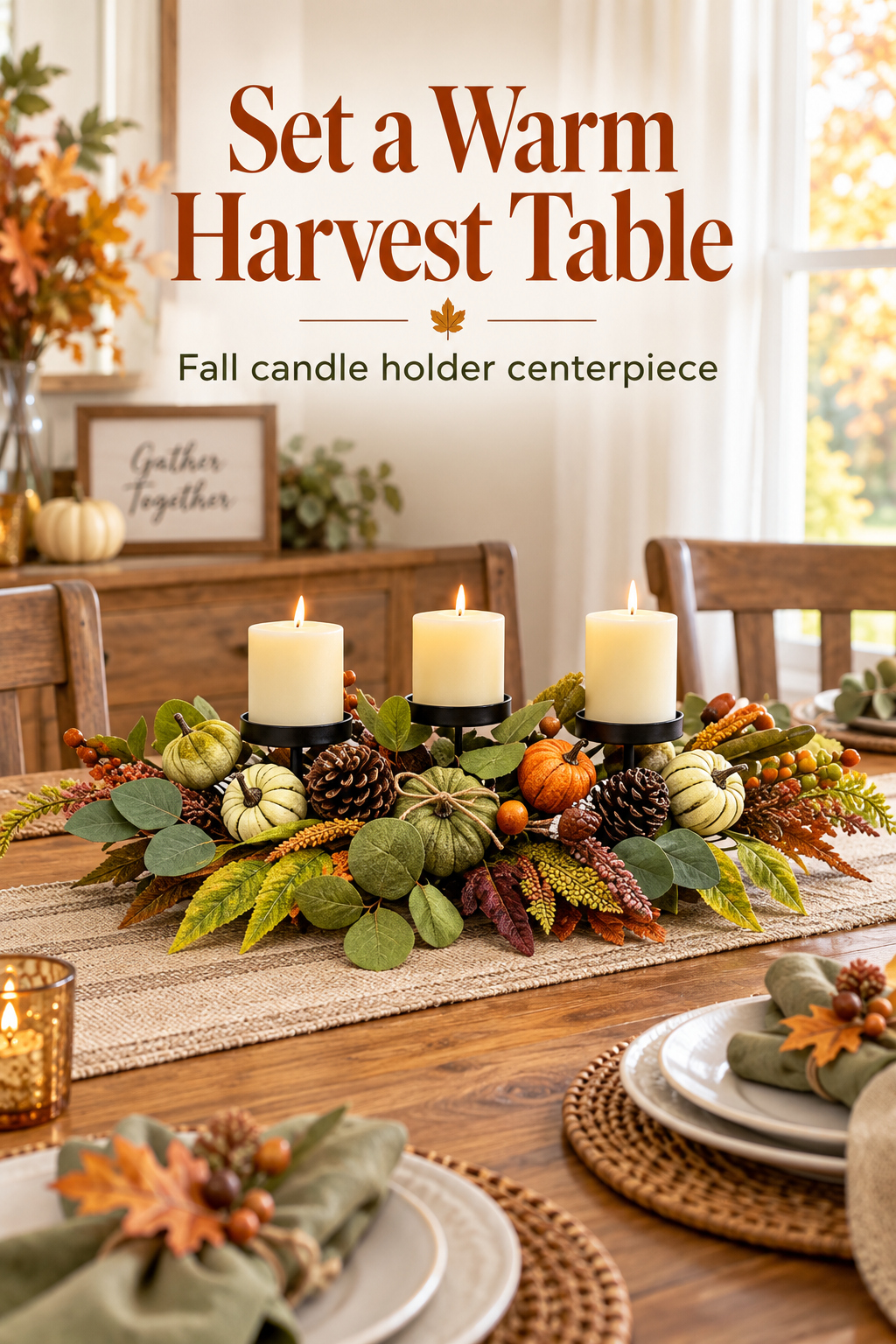 Fall candle holder centerpiece with three ivory candles, pumpkins, pinecones and foliage on a harvest dining table beneath the headline Set a Warm Harvest Table.