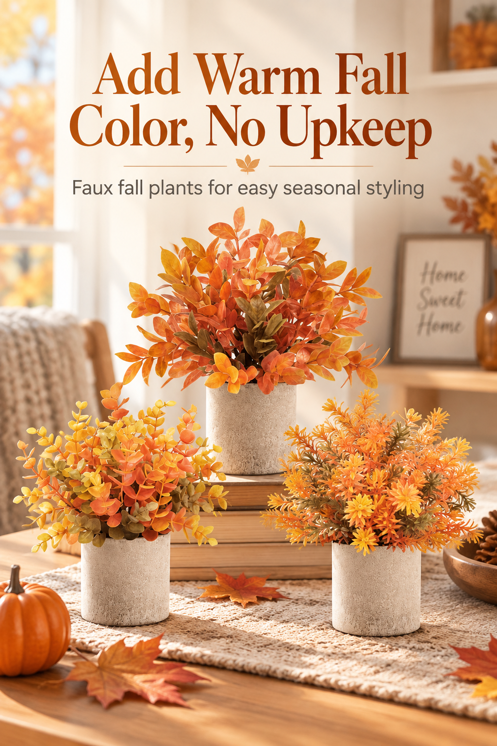 Three warm orange faux fall plants in pots styled on an autumn table with the headline Add Warm Fall Color, No Upkeep.