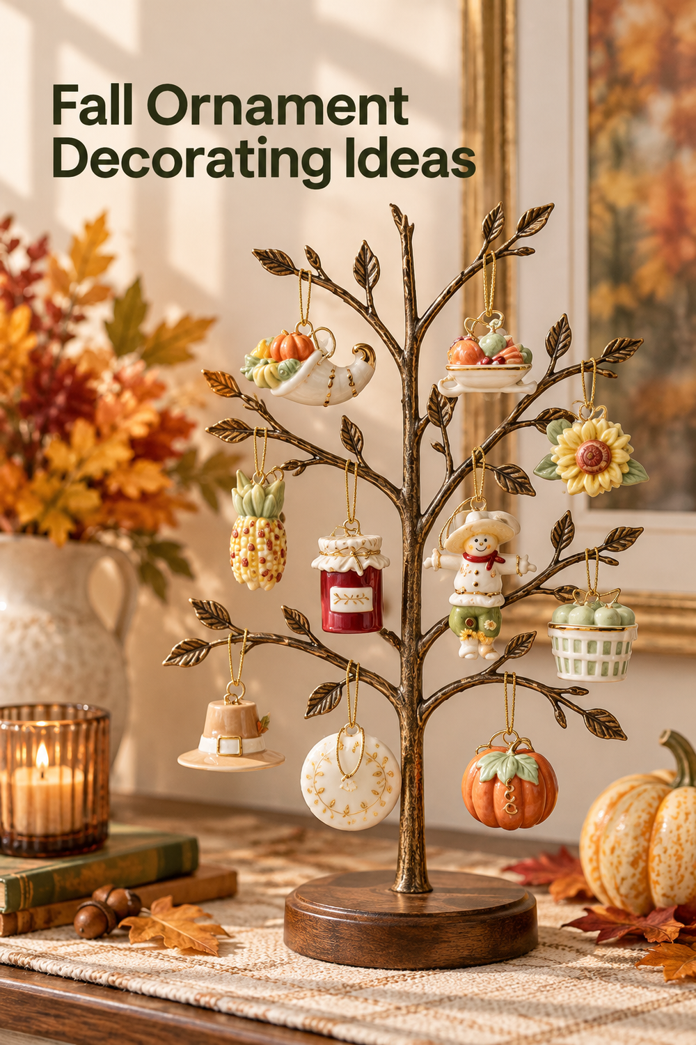 Vertical lifestyle photo of ten miniature fall-themed porcelain ornaments hanging from a bronze tabletop ornament tree on a warm autumn console. Visible pieces include a cornucopia, harvest dish, sunflower, corn, red jam jar, smiling scarecrow, green basket, tan pilgrim-style hat, white round ornament, and orange pumpkin. A candle, books, acorns, fallen leaves, plaid runner, floral arrangement, and pumpkins frame the scene. Headline reads “Fall Ornament Decorating Ideas.”
