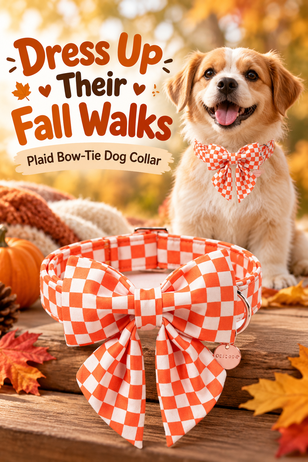 Orange-and-white plaid bow-tie dog collar in a warm fall setting with the headline “Dress Up Their Fall Walks.”