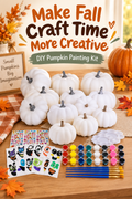 Fall craft scene with white pumpkin painting kit, paints, brushes and headline Make Fall Craft Time More Creative.
