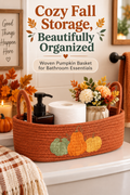 Orange woven pumpkin basket holding bathroom essentials with headline Cozy Fall Storage, Beautifully Organized.