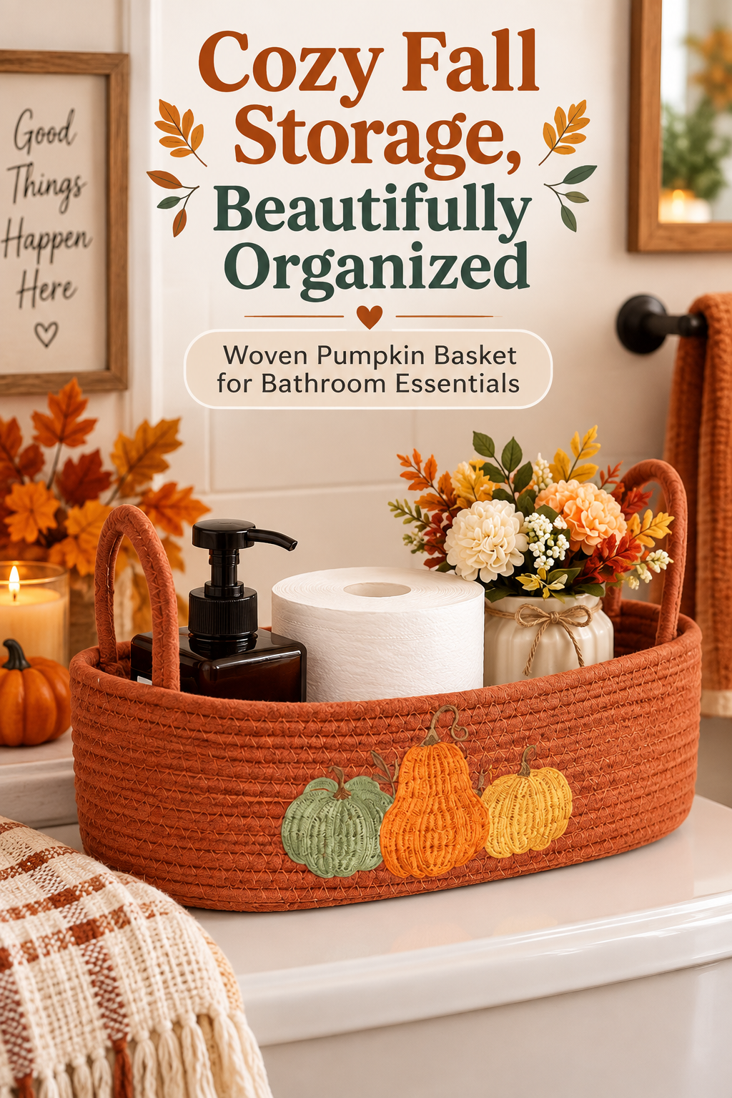 Orange woven pumpkin basket holding bathroom essentials with headline Cozy Fall Storage, Beautifully Organized.