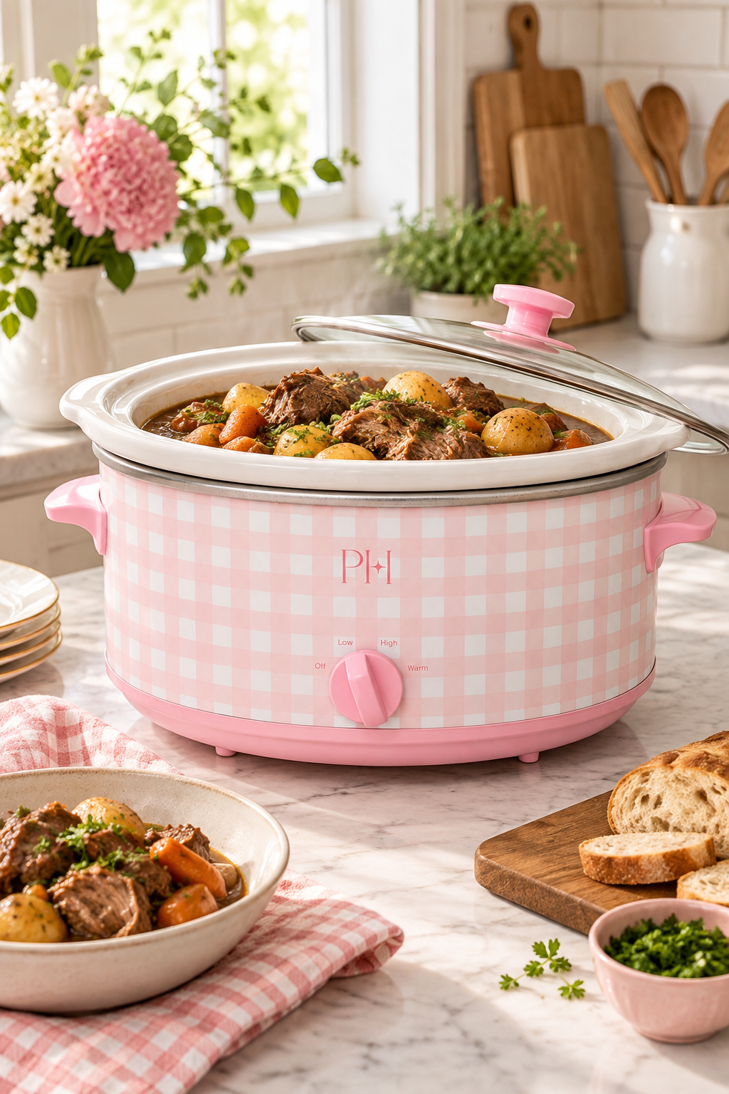 Vertical lifestyle image of a pink-and-white gingham slow cooker centered on a light stone kitchen counter. The cooker is filled with a hearty beef stew with potatoes, carrots, and herbs, while its clear glass lid rests partly open across the top. A plated serving of stew sits on a matching gingham cloth in the foreground, with sliced bread, chopped herbs, flowers, wooden boards, utensils, greenery, and soft daylight from a nearby window completing the warm kitchen scene.