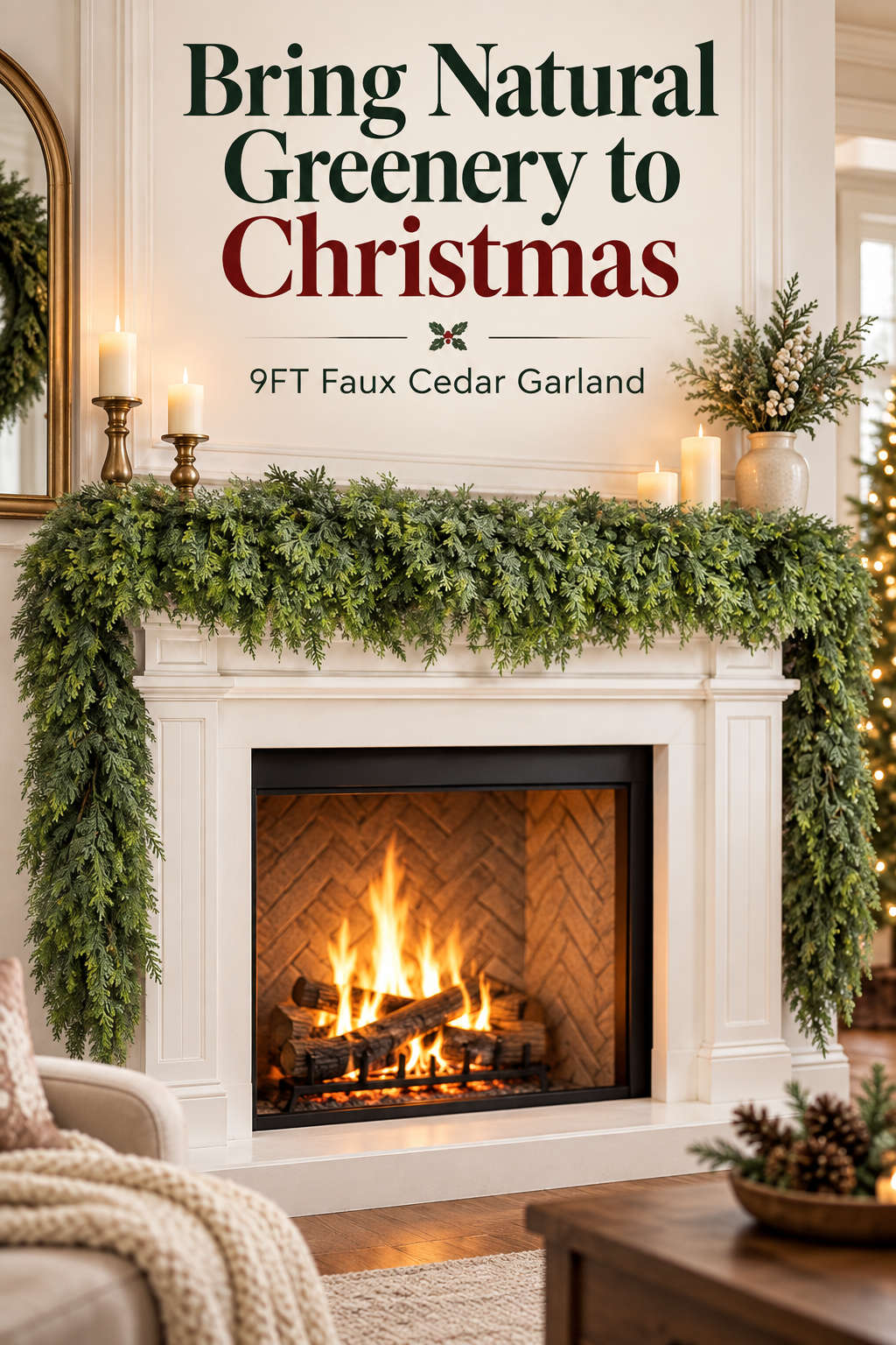 Faux cedar garland draped over a Christmas fireplace mantel with headline Bring Natural Greenery to Christmas