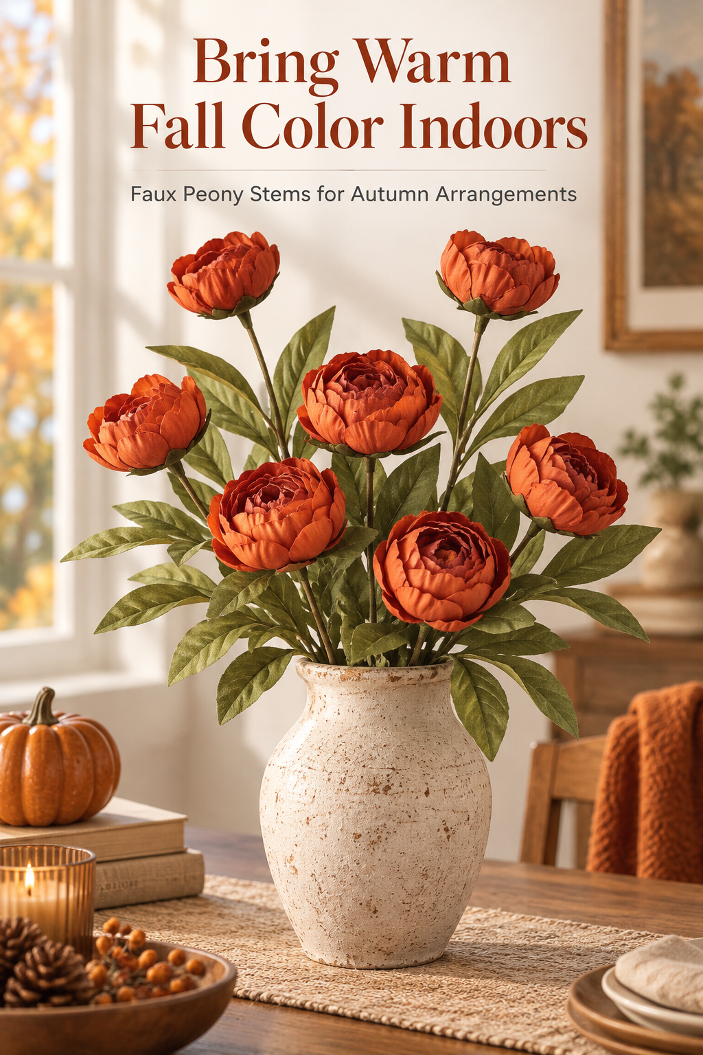 Burnt-orange faux peony stems in a cream vase styled for fall, with the headline Bring Warm Fall Color Indoors.