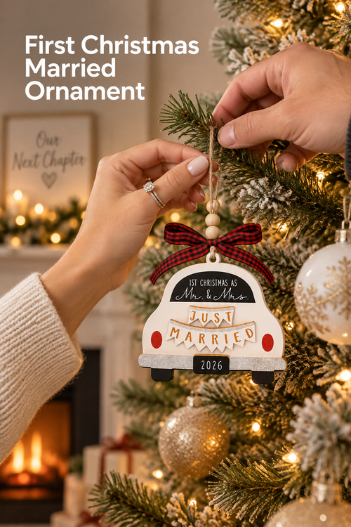 Vertical holiday lifestyle photo of two hands hanging a newlywed Christmas ornament on a warmly lit tree. The ornament is shaped like the rear of a white car with red taillights, silver bumper, black wheels, a black window reading “1ST CHRISTMAS AS Mr. & Mrs.,” a layered “JUST MARRIED” banner, black “2026” plate, and a red-and-black plaid bow with wooden beads. Warm tree lights and a fireplace glow behind it. Headline at upper left reads “First Christmas Married Ornament.”