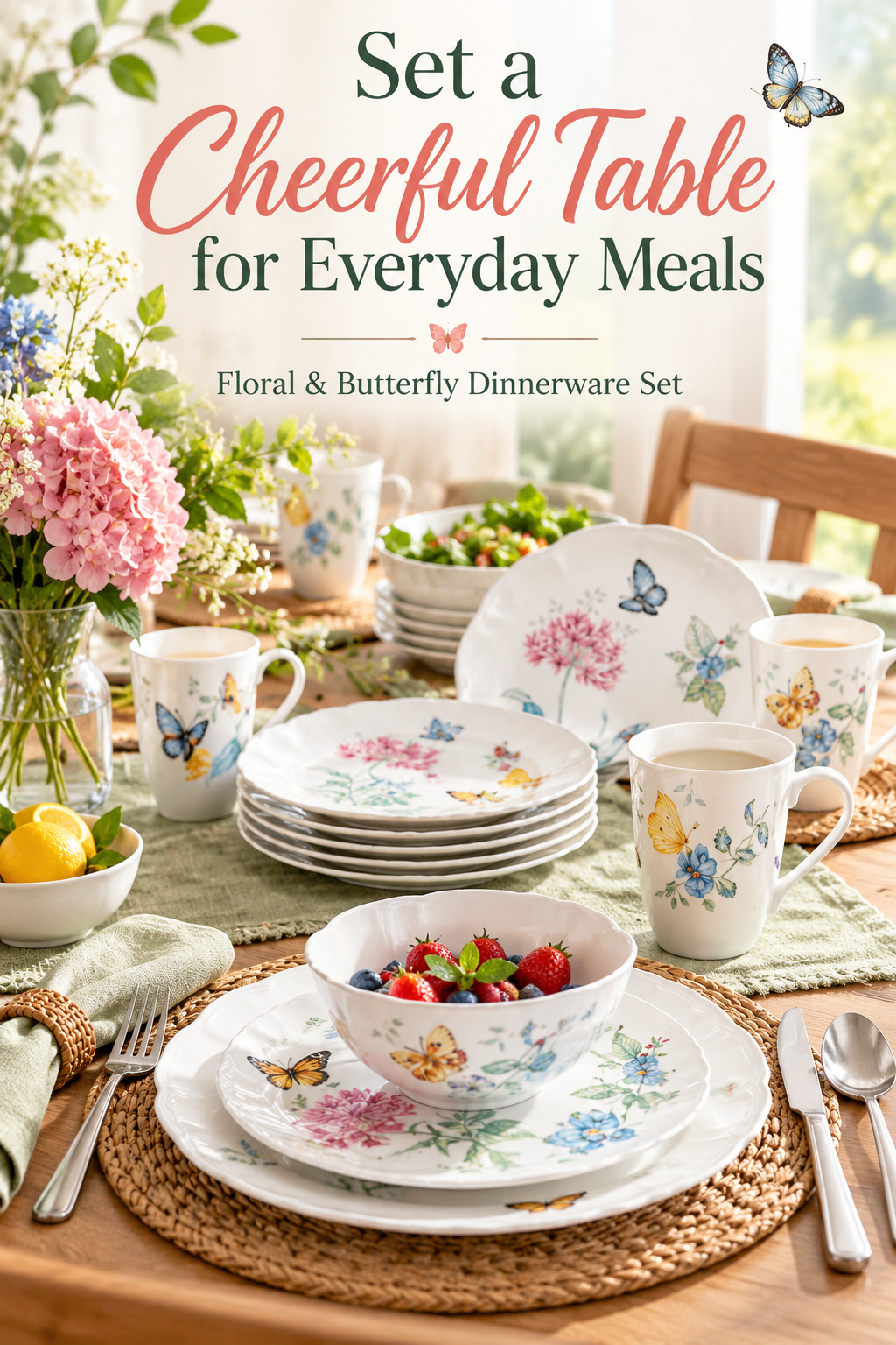 Floral and butterfly dinnerware arranged on a bright dining table with the headline “Set a Cheerful Table for Everyday Meals.”