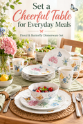 Floral and butterfly dinnerware arranged on a bright dining table with the headline “Set a Cheerful Table for Everyday Meals.”