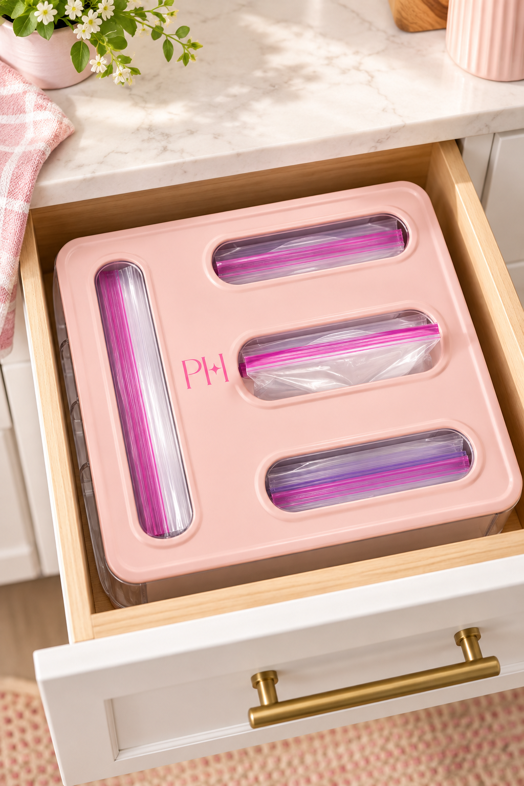 Vertical lifestyle image of a blush-pink food storage bag organizer fitted inside an open light-wood kitchen drawer beneath a pale marble countertop. The organizer has four dispensing openings with clear zip-top bags visible, including pink and purple zipper seals, plus a small PH mark on the front. Brass drawer hardware, a pink-striped cloth, a pink planter with white flowers, and soft natural sunlight create a polished pastel kitchen scene with warm shadows.