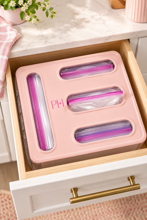 Vertical lifestyle image of a blush-pink food storage bag organizer fitted inside an open light-wood kitchen drawer beneath a pale marble countertop. The organizer has four dispensing openings with clear zip-top bags visible, including pink and purple zipper seals, plus a small PH mark on the front. Brass drawer hardware, a pink-striped cloth, a pink planter with white flowers, and soft natural sunlight create a polished pastel kitchen scene with warm shadows.
