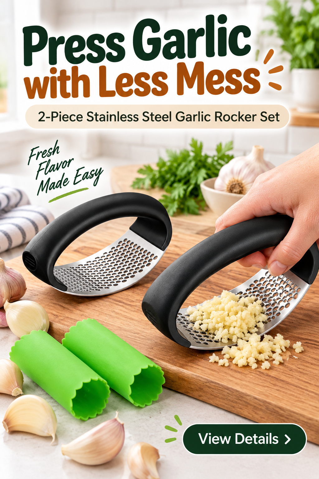 Two black-handle stainless steel garlic rockers with green peelers in a kitchen, with Press Garlic with Less Mess headline.