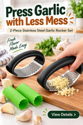 Two black-handle stainless steel garlic rockers with green peelers in a kitchen, with Press Garlic with Less Mess headline.