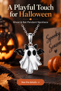 Silver ghost and bat pendant necklace in a warm Halloween scene with headline A Playful Touch for Halloween.