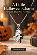 Silver ghost holding a black cat necklace in a warm Halloween setting with the headline A Little Halloween Charm.