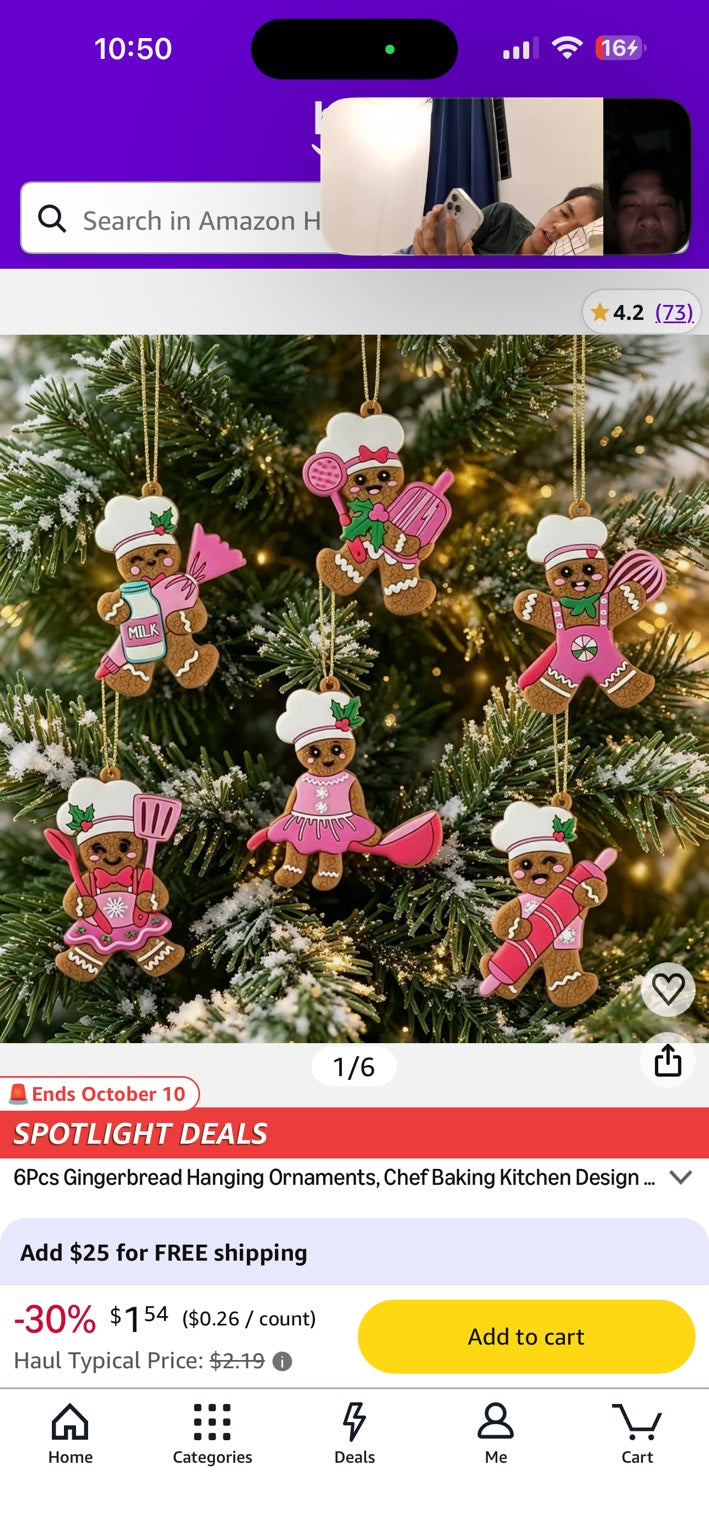 Amazon product screenshot showing six gingerbread baker hanging ornaments on a Christmas tree.