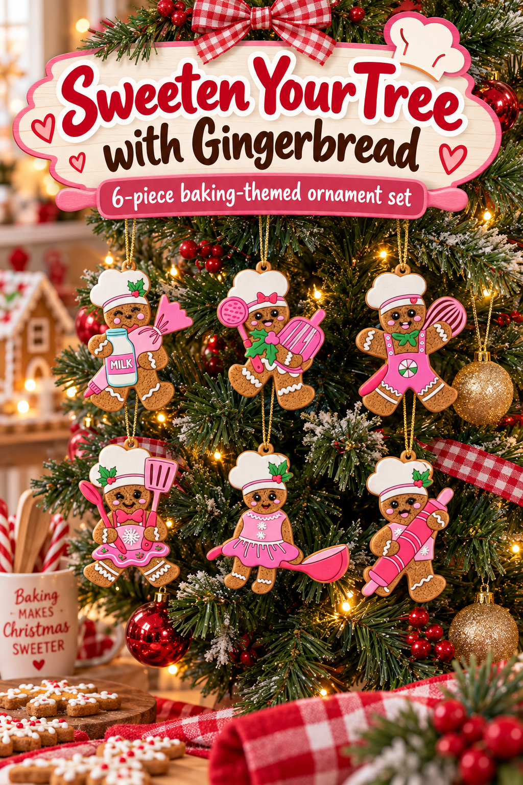 Six pink-accented gingerbread baker ornaments hanging on a festive Christmas tree beneath the headline Sweeten Your Tree with Gingerbread.