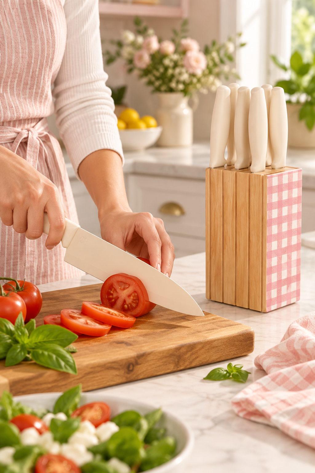 A vertical lifestyle photo shows a cream-handled kitchen knife slicing a ripe tomato on a wooden cutting board in a bright, softly styled kitchen. Beside the cutting area is a narrow natural-wood knife block with a pink-and-white gingham side panel, holding several matching cream-handled knives. Fresh tomatoes, basil, a salad bowl, lemons, pale flowers, a gingham towel, white counters, and soft greenery create a warm food-prep setting. No text appears on the image.