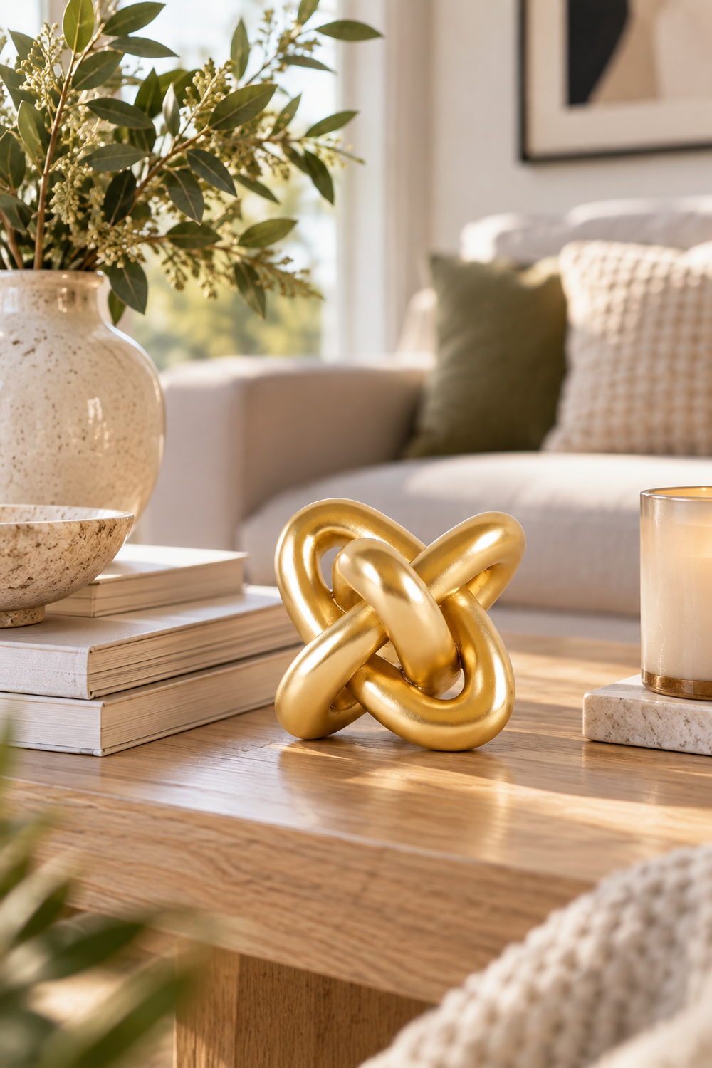 A small metallic gold knot sculpture sits at the center of a warm wood coffee table in a softly lit neutral living room. The sculptural accent is styled between a stack of cream-colored books and a glowing candle on a pale stone coaster. A speckled ceramic bowl and leafy branches in a light vase add texture, while a beige sofa, olive cushion, patterned pillow, and abstract wall art blur into the bright background. Sunlight warms the gold finish and tabletop.