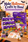Vertical Halloween craft image on a warm wooden tabletop. A purple Aestd-ST air-dry clay kit box sits behind colorful clay tubs, sculpting tools, printed guides, and small handmade Halloween figures including pumpkins, a witch, bat, spider, ghost, skeleton, cat and gravestone. Bats and a glowing jack-o’-lantern decorate the cozy background. Large text reads “Make Halloween Crafts by Hand,” with “Air-dry clay projects with guided ideas” below in purple and orange.