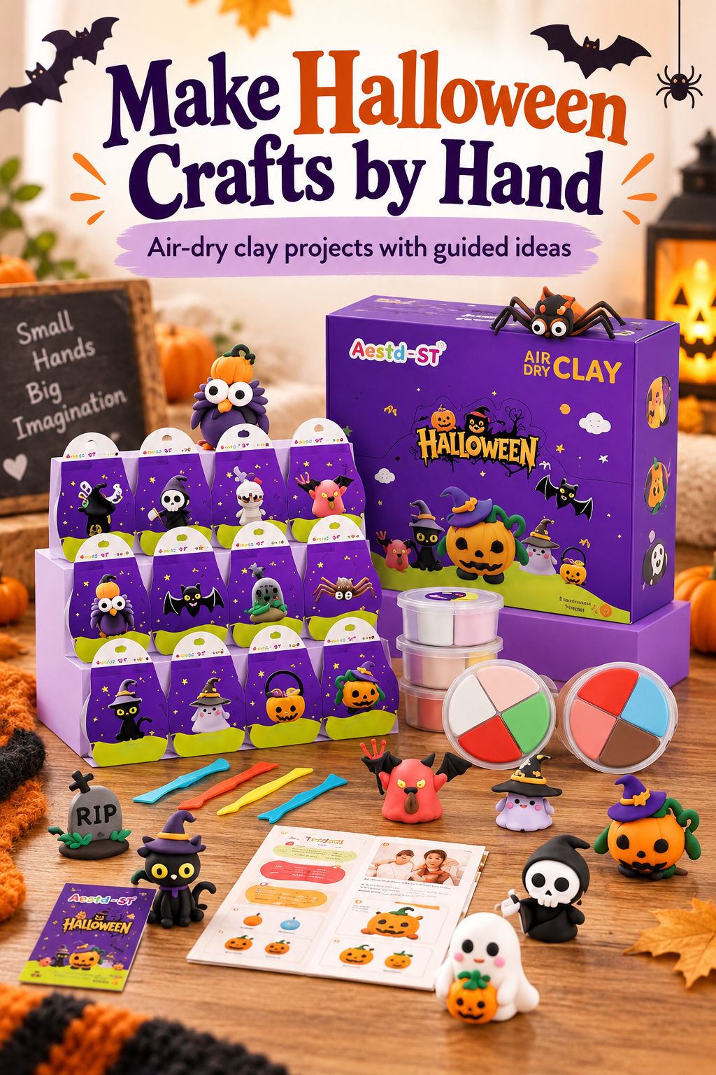 Vertical Halloween craft image on a warm wooden tabletop. A purple Aestd-ST air-dry clay kit box sits behind colorful clay tubs, sculpting tools, printed guides, and small handmade Halloween figures including pumpkins, a witch, bat, spider, ghost, skeleton, cat and gravestone. Bats and a glowing jack-o’-lantern decorate the cozy background. Large text reads “Make Halloween Crafts by Hand,” with “Air-dry clay projects with guided ideas” below in purple and orange.