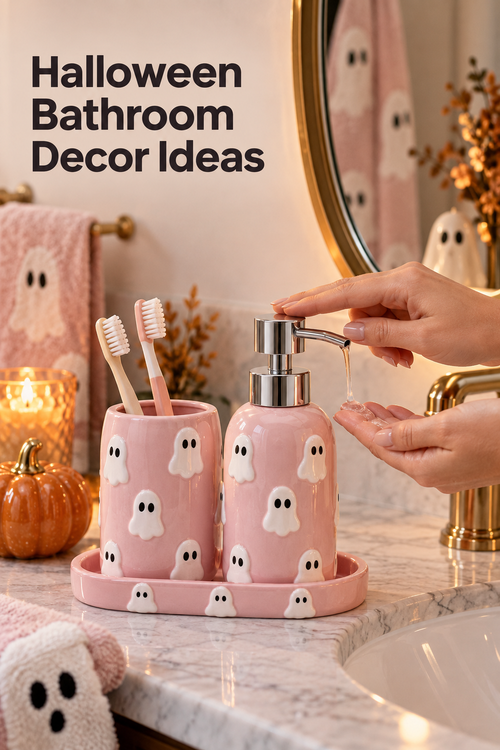 Vertical lifestyle photo of a pink ceramic Halloween bathroom set on a marble vanity, with a ghost-decorated soap dispenser, matching toothbrush cup holding two toothbrushes, and a pink tray with small white ghosts. A hand presses the silver pump while soap falls into the other hand beside a gold faucet and white sink. Warm candles, pumpkins, pink ghost towels, dried foliage, and a round mirror create a cozy seasonal scene. Headline reads “Halloween Bathroom Decor Ideas.”