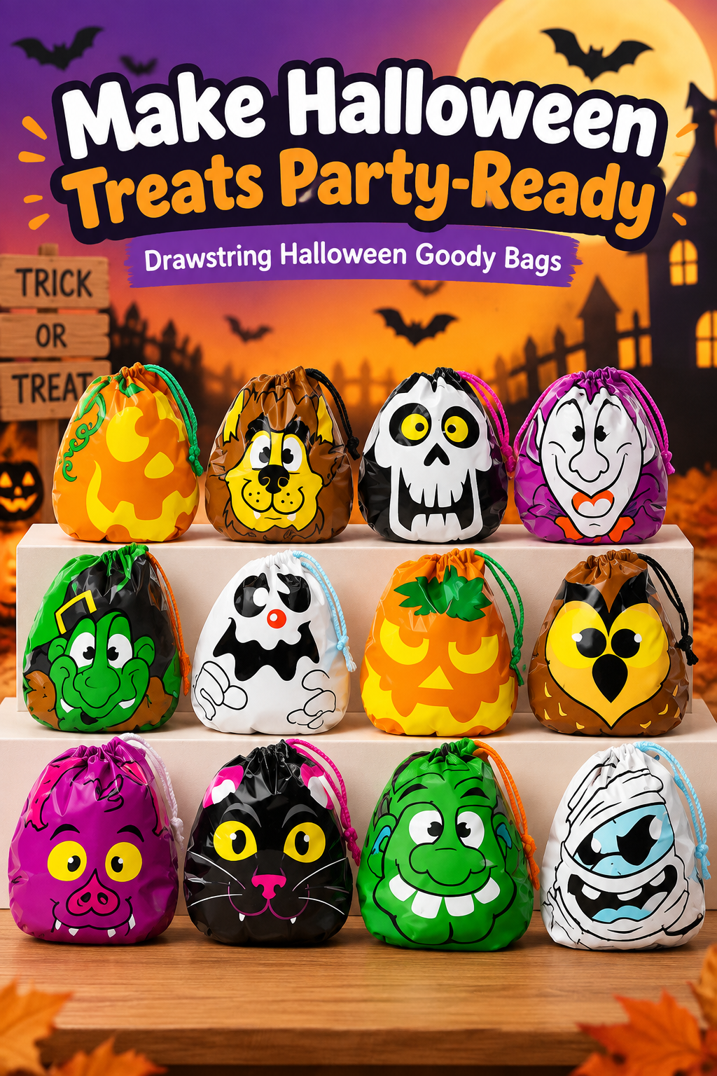 Halloween drawstring goody bags with colorful character designs beneath the headline “Make Halloween Treats Party-Ready.”