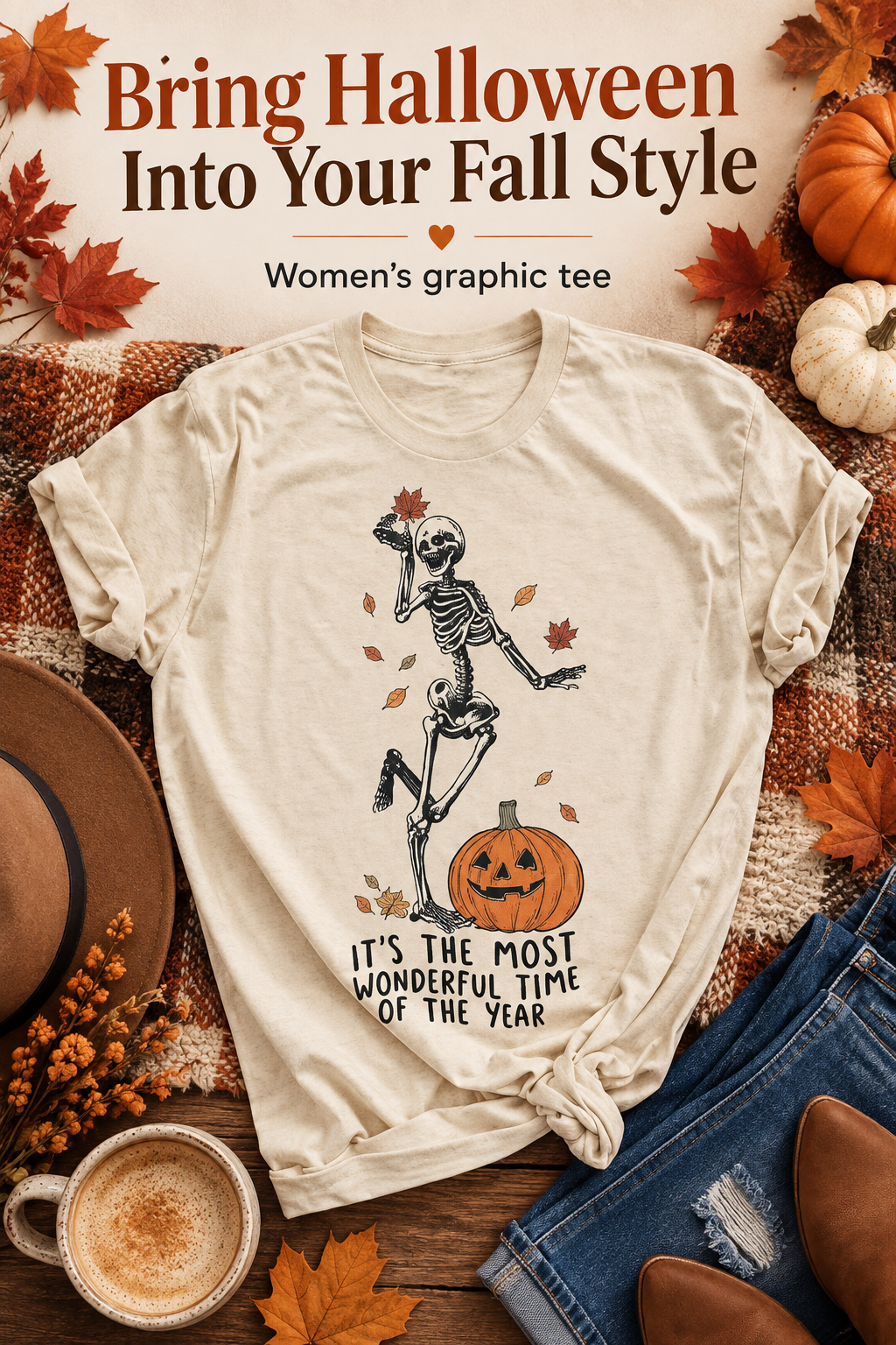 Cream Halloween graphic tee with dancing skeleton and pumpkin in a warm fall flat lay, with the headline Bring Halloween Into Your Fall Style.