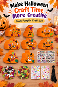 Halloween foam pumpkin craft kit displayed on an autumn craft table with decorated pumpkins and headline Make Halloween Craft Time More Creative.