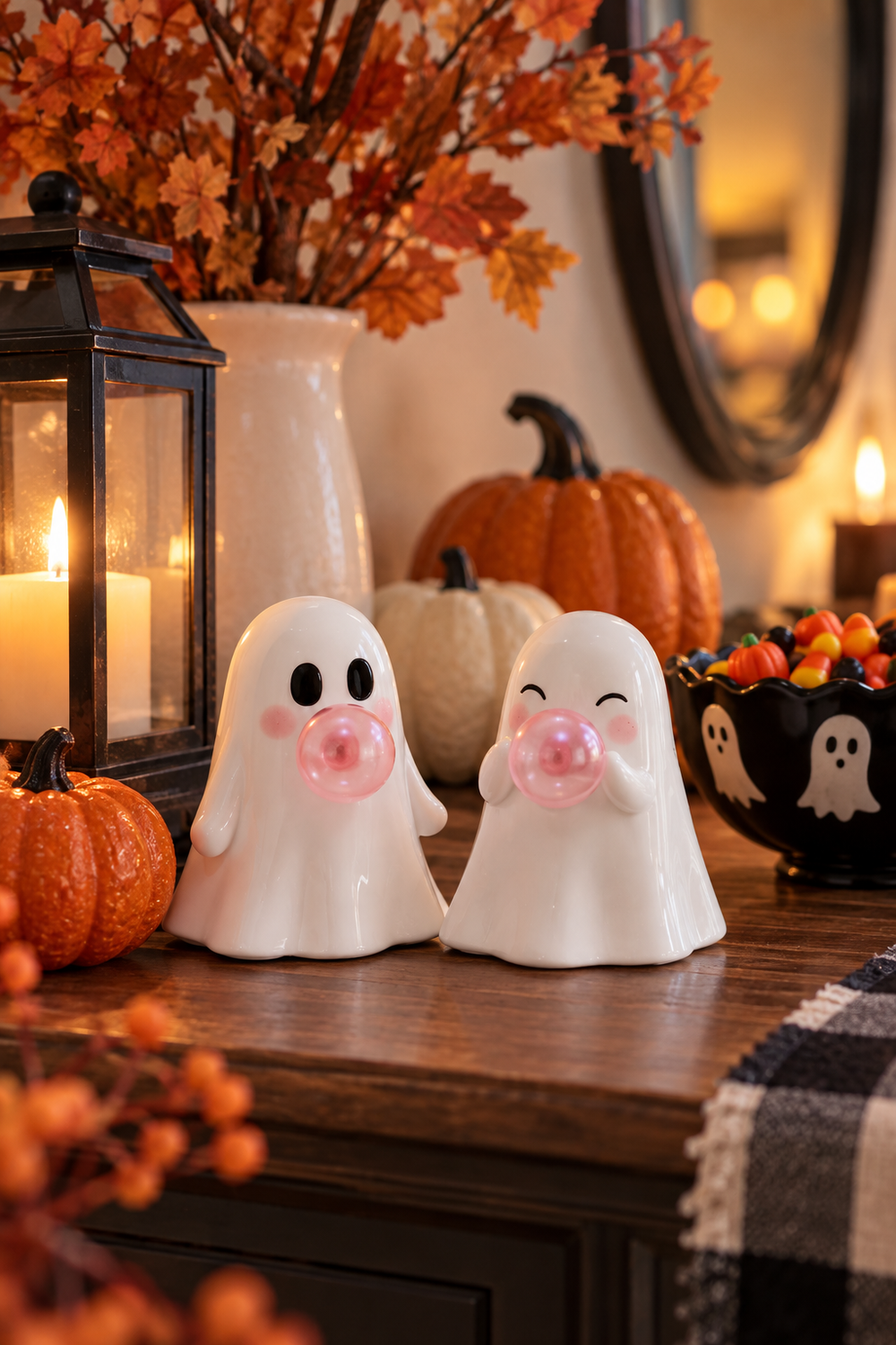 Vertical lifestyle photo of two glossy white ceramic ghost figurines with rosy cheeks and translucent pink bubble-gum bubbles displayed on a warm wooden tabletop. One ghost has black oval eyes and the other has curved smiling eyes. Around them are orange and white pumpkins, a lit black lantern, autumn leaves, a black bowl filled with colorful candy, a round mirror, and a black-and-cream plaid runner in a softly lit Halloween entryway scene for a cozy seasonal display.