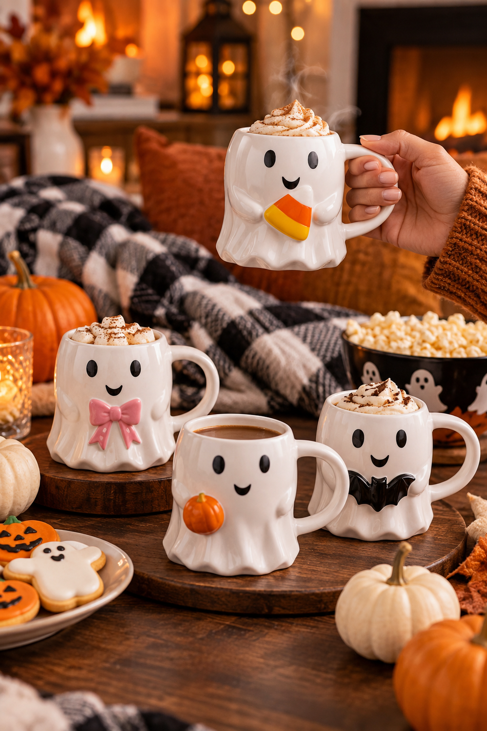 A warm Halloween living-room scene shows four white ceramic ghost mugs with smiling faces and raised arms, each decorated with a candy corn, pink bow, pumpkin, or black bat. One steaming mug is held by a hand while the others sit on wooden serving boards with coffee and whipped drinks. Orange and white pumpkins, ghost and jack-o'-lantern cookies, popcorn, plaid blankets, lantern light, string lights, and a glowing fireplace create a cozy seasonal setting.