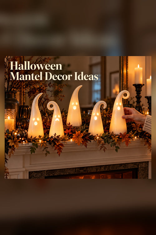 Vertical Halloween mantel scene with the headline “Halloween Mantel Decor Ideas.” Five ivory ceramic ghost figurines glow warmly across a decorated fireplace mantel while a hand in a neutral knit sleeve adjusts the ghost on the right. Black pumpkins, autumn leaves, dried branches, tiny warm lights, candles, and a large mirror create a cozy seasonal setting. The ghosts have tall tapered bodies, simple illuminated faces, and a mix of curved and curled tips.