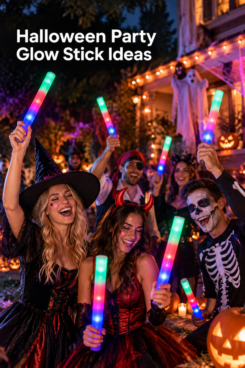 Vertical Halloween party scene at night with costumed guests outside a decorated home, holding long foam glow sticks lit in green, red, pink, and blue. A witch, devil, skeleton, pirate, and other partygoers smile and raise the glowing sticks near jack-o'-lanterns, hanging ghost decorations, cobwebs, warm porch lights, and purple accent lighting. Dark trees frame the background. Large white headline text in the upper left reads: Halloween Party Glow Stick Ideas.