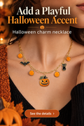 Halloween pumpkin charm necklace styled with orange, bat and black cat charms under the headline Add a Playful Halloween Accent.