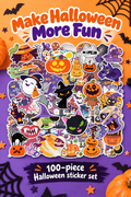 Colorful Halloween sticker collage with pumpkins, ghosts, cats and witches under the headline Make Halloween More Fun.