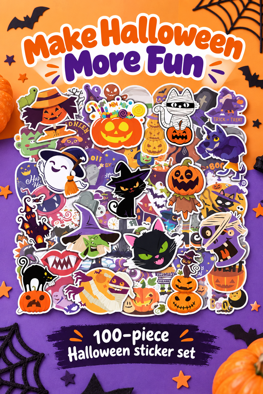 Colorful Halloween sticker collage with pumpkins, ghosts, cats and witches under the headline Make Halloween More Fun.