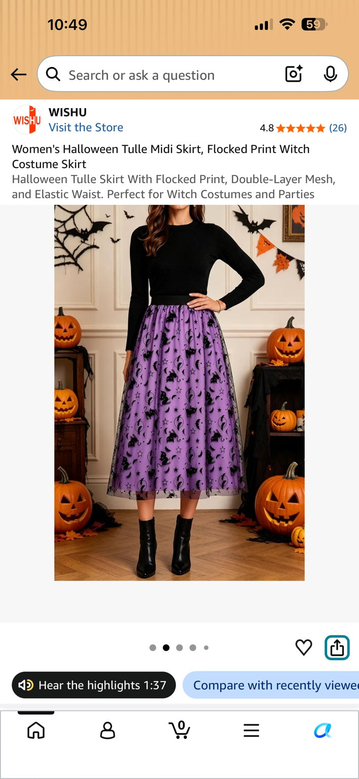 Purple Halloween tulle midi skirt with black cat, bat, moon and star print.
